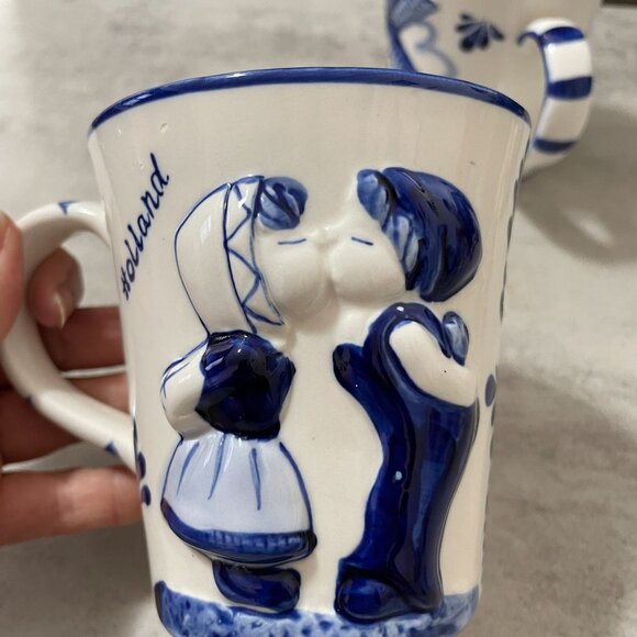 Vintage Blue Delft Deco Hand Painted Raised Relief Children Windmill Mugs Set/2 - Picture 8 of 10